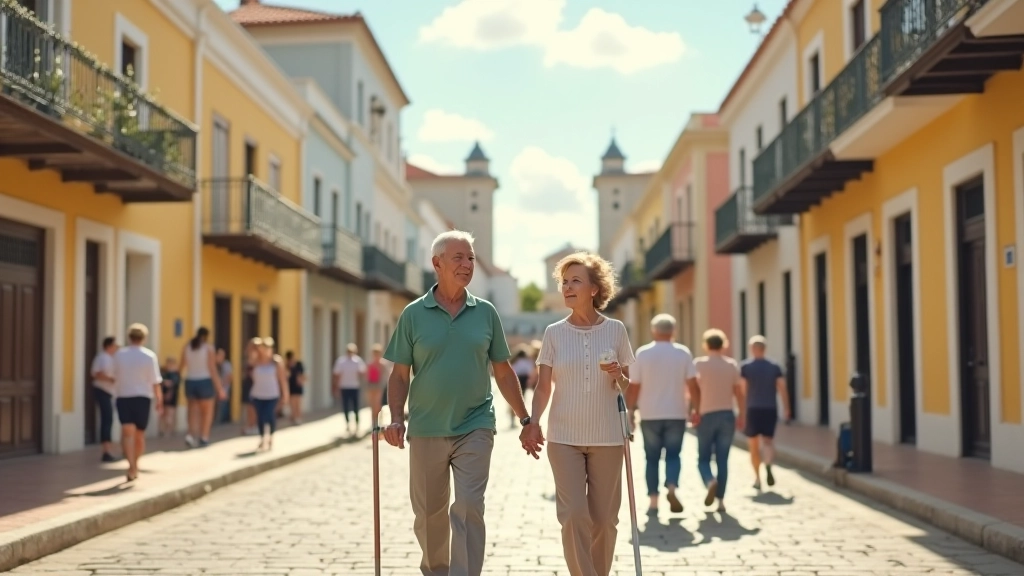 Adultos mayores disfrutando de un paseo tranquilo por las plazas históricas de Ponce, con arquitectura colonial de fondo