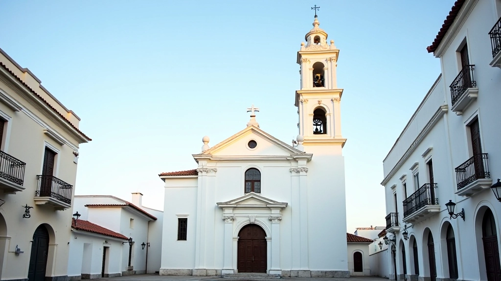 Catedral Nuestra Señora de Guadalupe con columnas blancas, fachada neoclásica, torre campanario, ubicada en el lado norte de la plaza