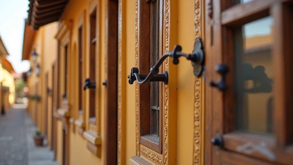 Detalles decorativos de casona: molduras, azulejos tradicionales, herrajes de hierro forjado y ornamentación arquitectónica