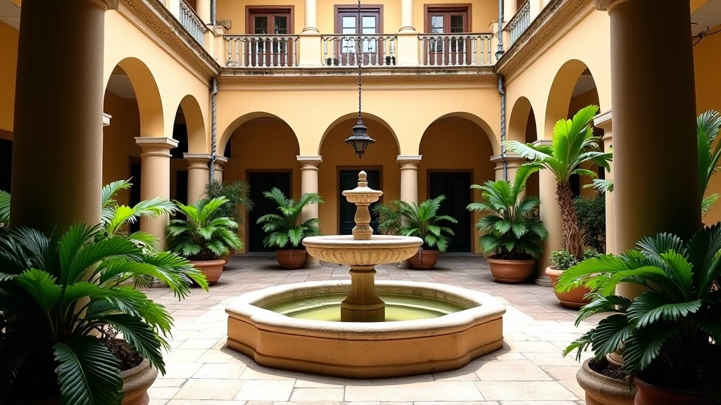 Patio interior de casona colonial con fuente central, plantas y arcos que rodean el espacio fresco y tranquilo