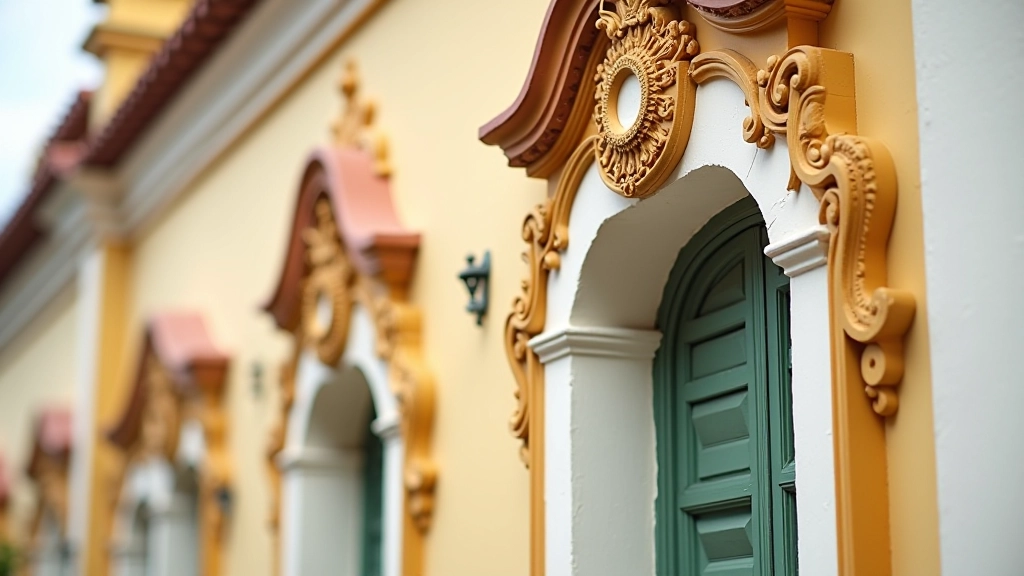 Detalle arquitectónico de una casona colonial de Ponce con colores pasteles y ornamentación