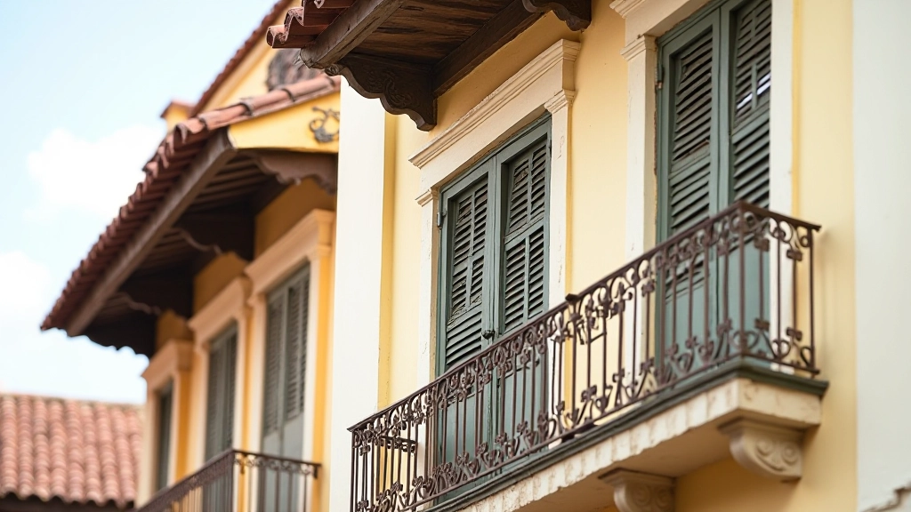 Detalle de arquitectura colonial con balcón de madera, ventanas ornamentadas y fachada pintada en colores históricos de casona poncena