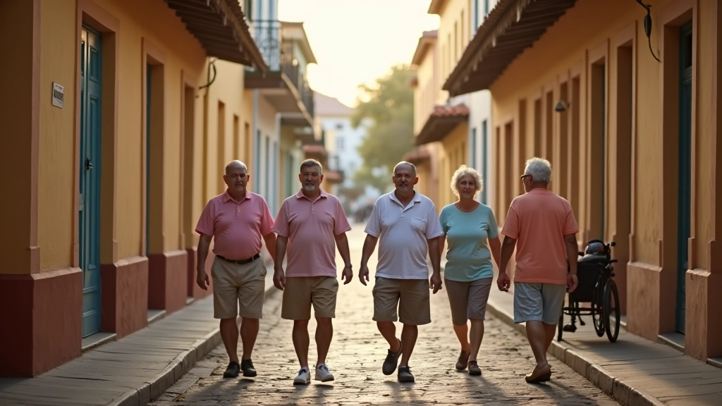 Grupo diverso de personas mayores caminando lentamente por calle colonial, guía señalando detalles arquitectónicos, luz matutina