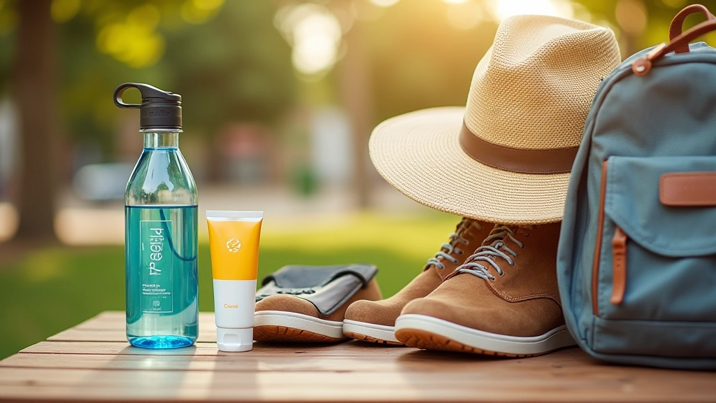 Elementos esenciales para un paseo cómodo: botella de agua, sombrero, zapatos cómodos, protector solar