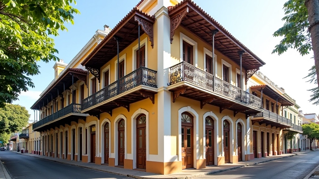 Calle de Ponce con casonas coloniales de tres pisos, balcones de hierro forjado, fachadas ornamentadas, sombra de árboles