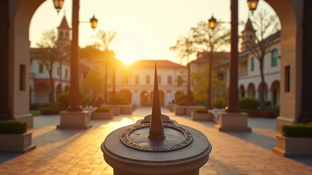 Reloj de sol en la plaza histórica, mostrando las diferentes horas del día con luz natural variada