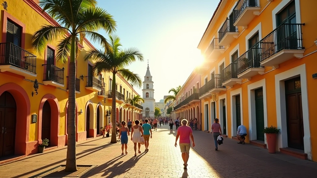 Plaza histórica de Ponce con arquitectura colonial colorida, palmeras y personas disfrutando en la tarde dorada