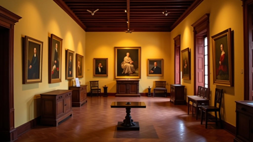 Galería de arte dentro de museo con obras colgadas en paredes, iluminación cálida y artefactos históricos en vitrinas