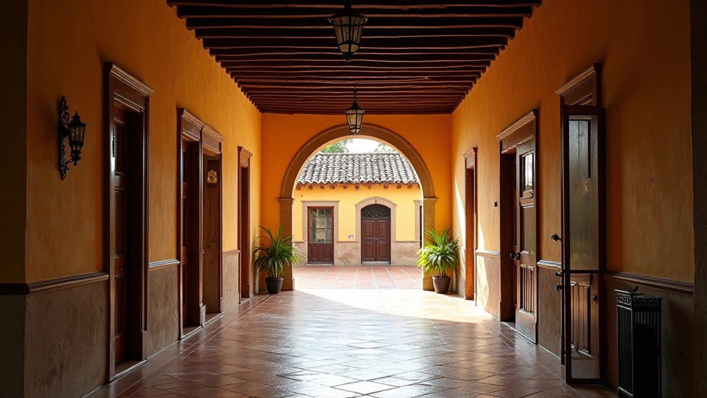 Interior de casona colonial con detalles arquitectónicos, patio cubierto con luz natural