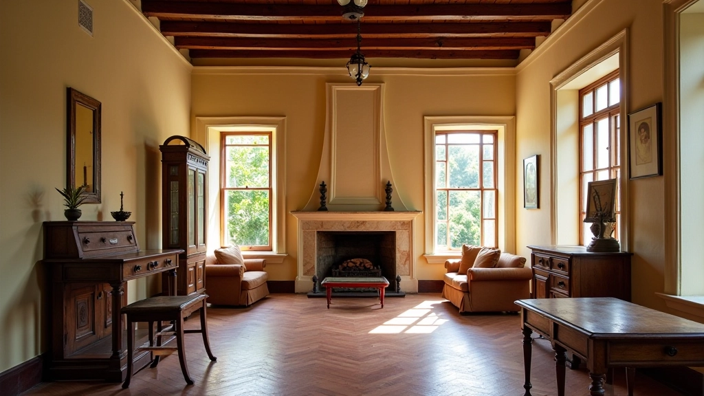 Interior de una casona colonial restaurada con detalles arquitectónicos de época, muebles antiguos y luz natural suave
