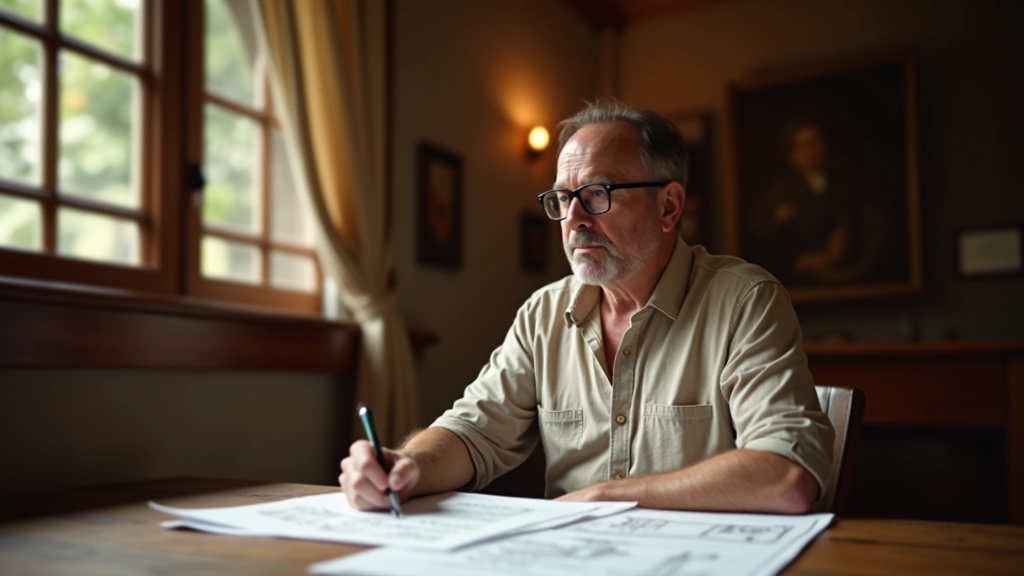 Historiador Carlos Montoya trabajando con documentos históricos y planos arquitectónicos antiguos en su escritorio, luz natural, ambiente de investigación académica