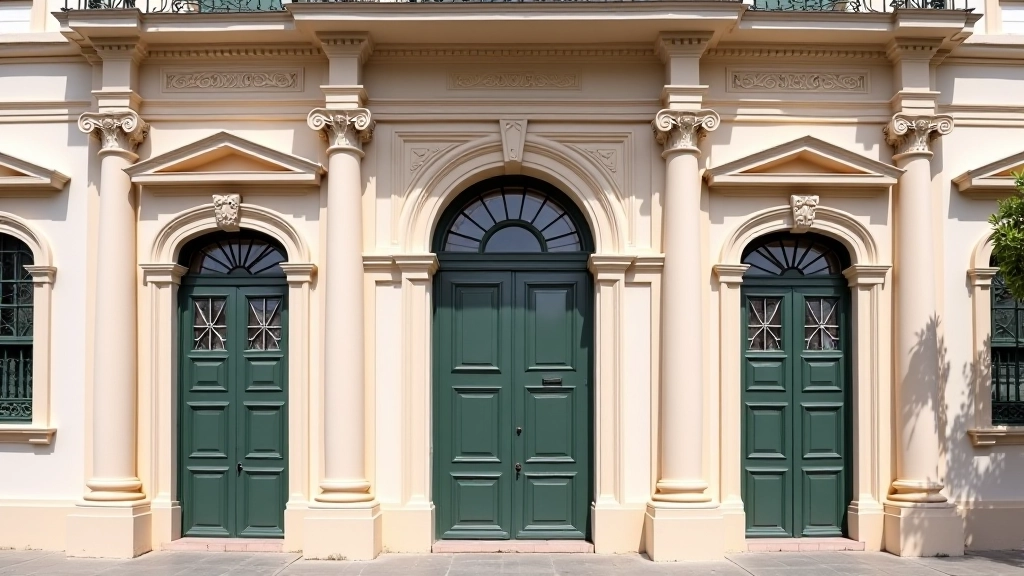 Detalle de fachada colonial con columnas neoclásicas, ventanas ornamentadas y rejas de hierro forjado tradicionales