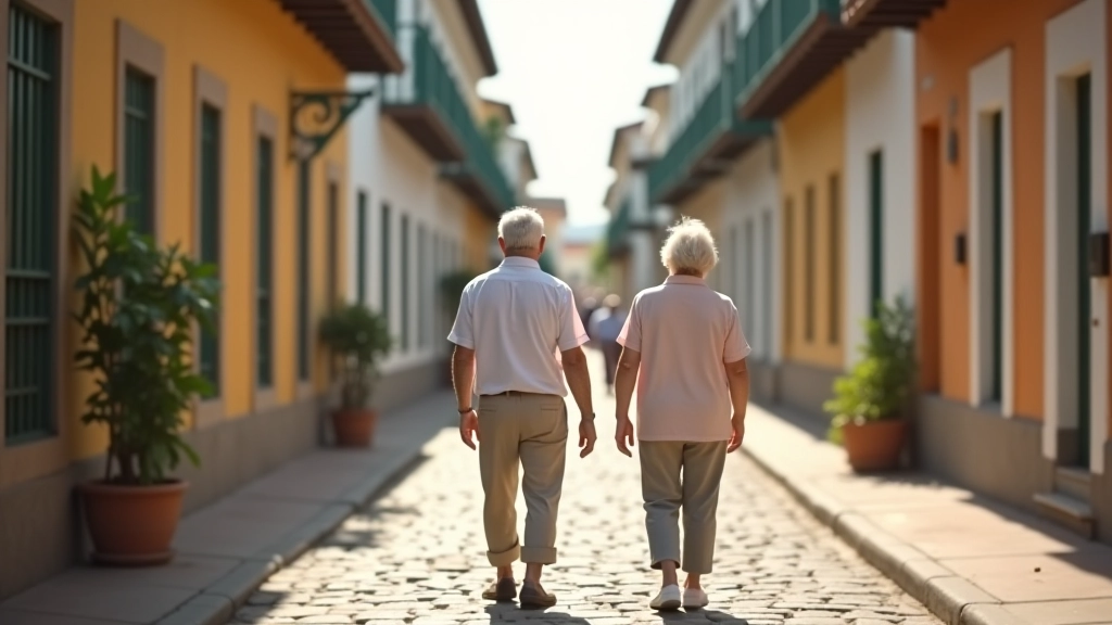 Pareja de mayores caminando por calle histórica de Ponce con casonas coloniales, arquitectura preservada y ambiente tranquilo