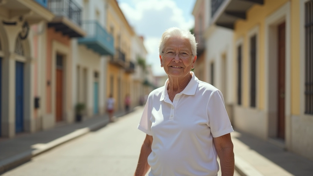 Persona mayor caminando por calles históricas de Ponce con descanso y accesibilidad