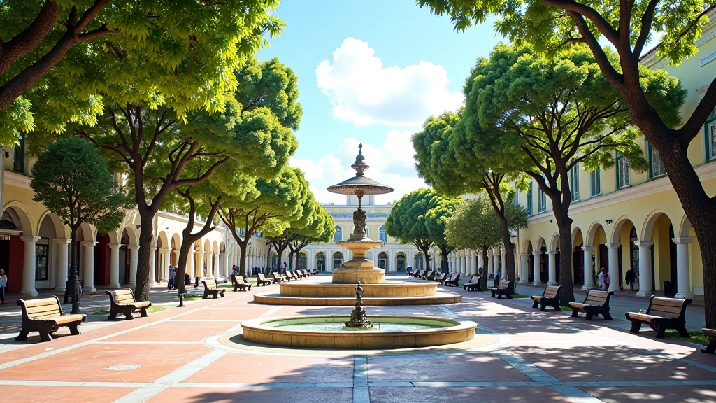 Plaza de Ponce con el Parque de Bombas, fuente central y bancos bajo árboles en el corazón de la ciudad