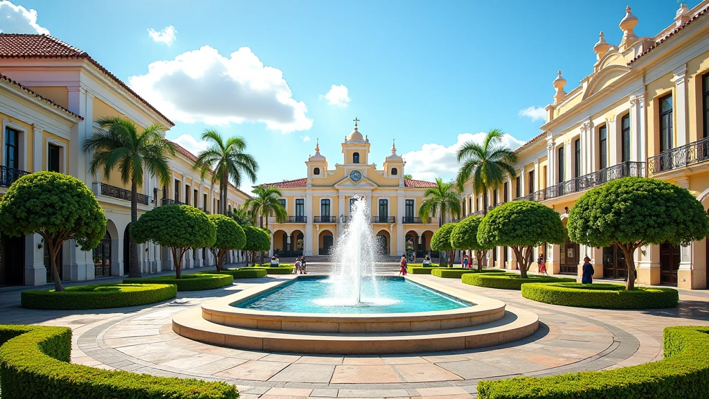 Plaza de Ponce con el Parque de Bombas al fondo, arquitectura histórica y áreas verdes