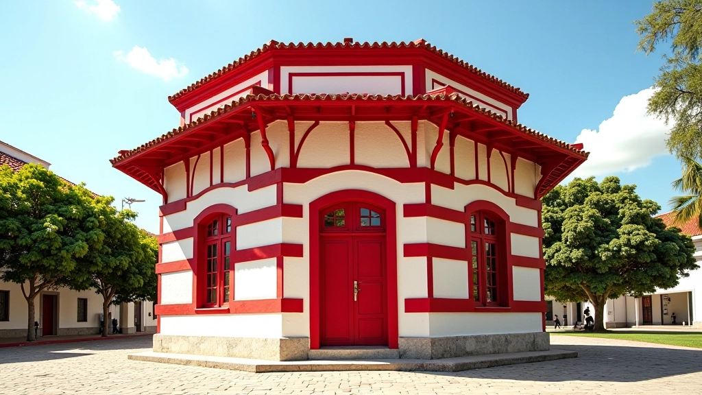 Fachada histórica del Parque de Bombas con estructura hexagonal, rayas rojas y blancas, detalles arquitectónicos de madera
