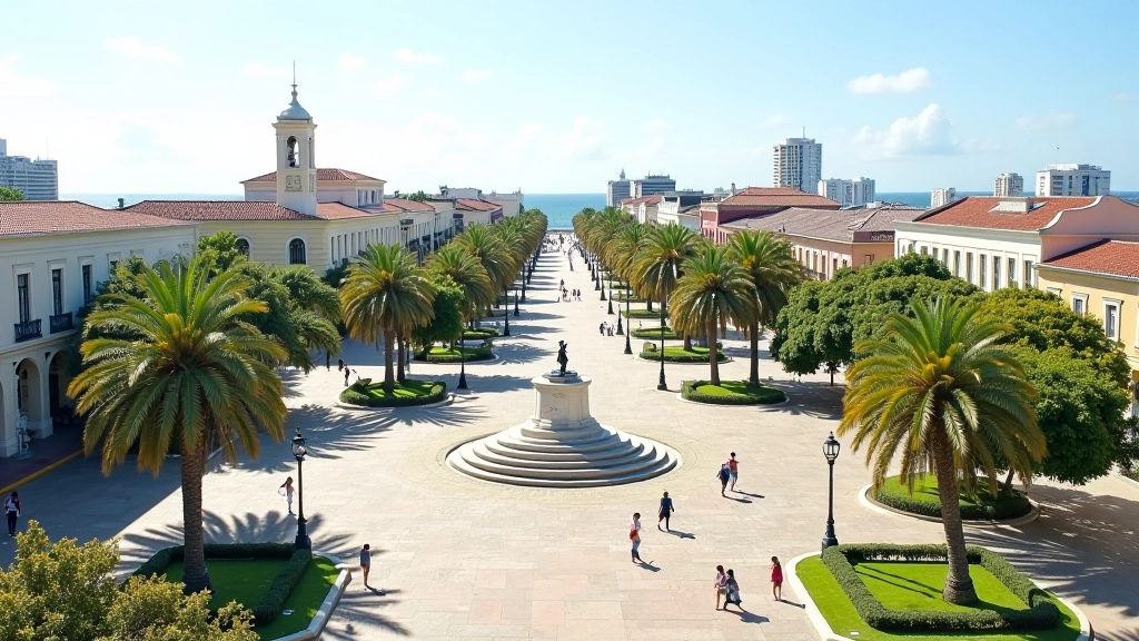 Vista aérea de la Plaza de Ponce con el Parque de Bombas al centro, arquitectura criolla de fondo
